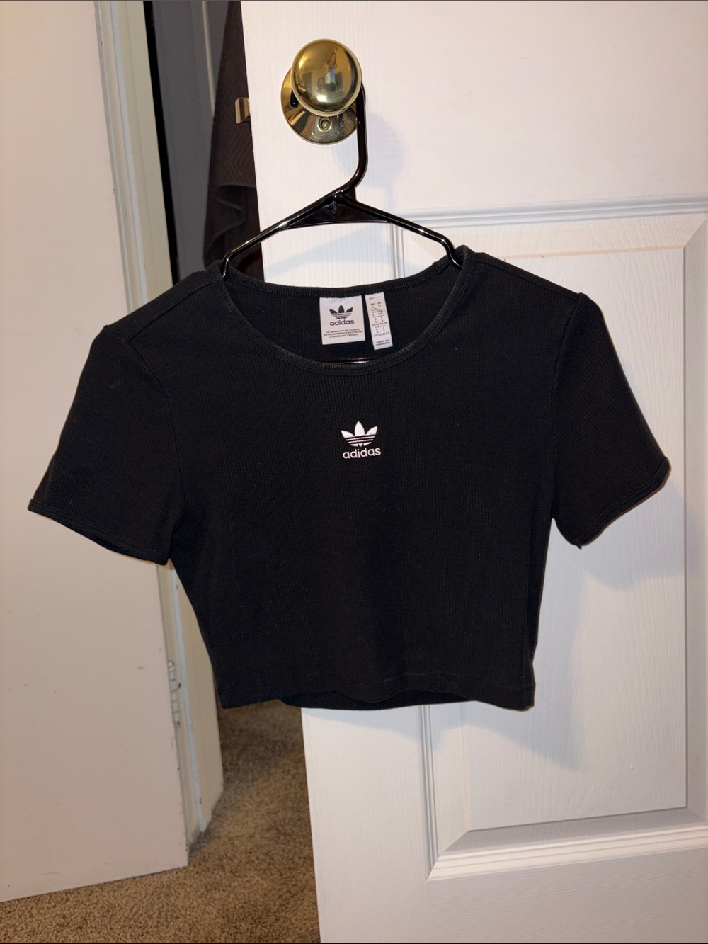 adidas Black Ribbed Cropped Tee with Trefoil Logo